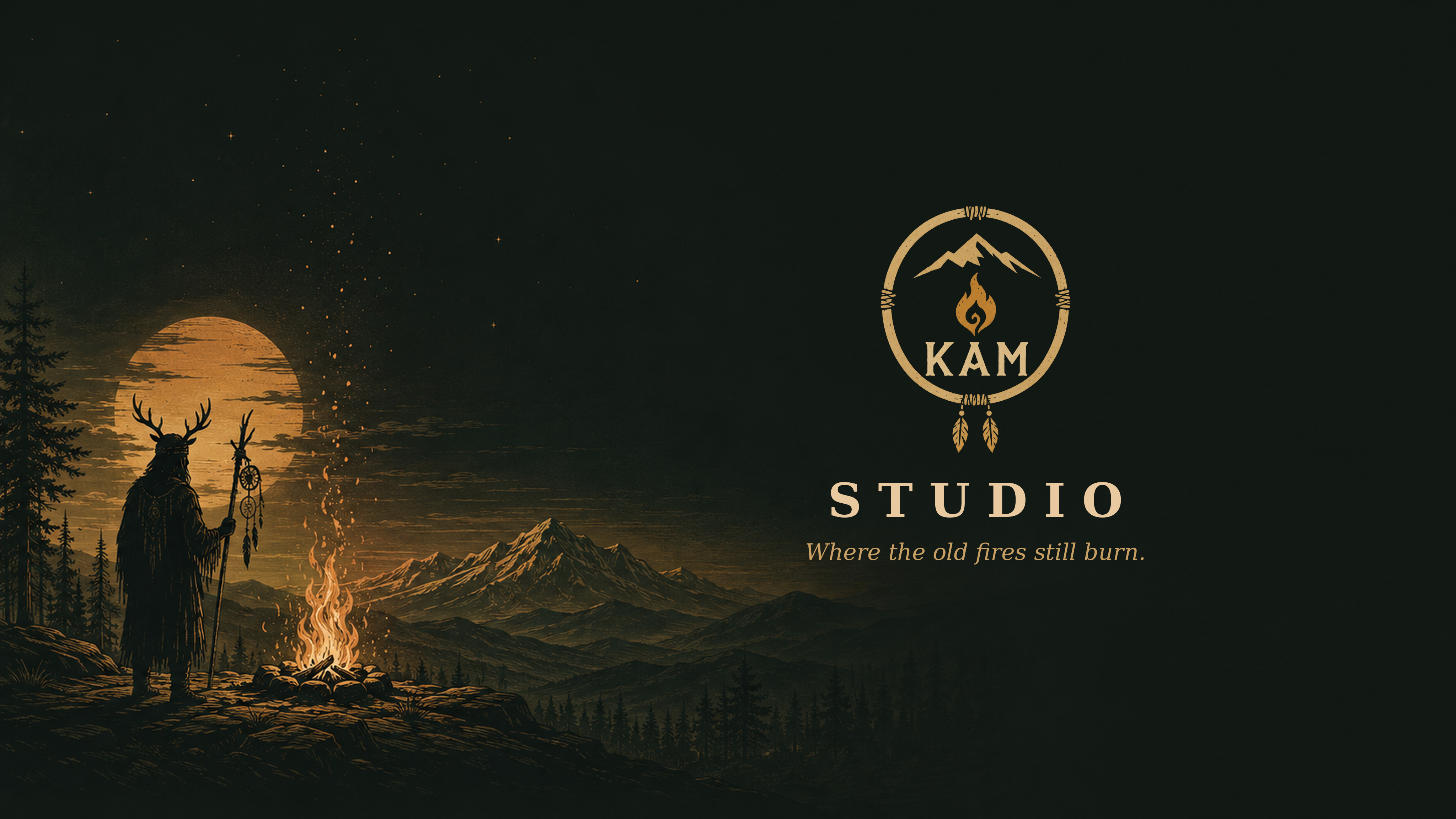 A horned watcher stands by a campfire under a rising moon — KAM Studio: where the old fires still burn.
