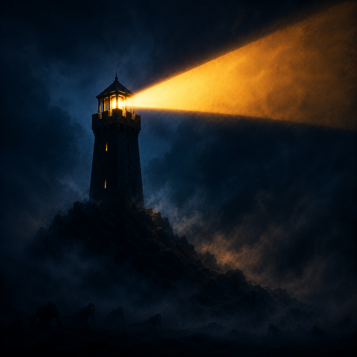 The Guardpost tower sweeps its beam through the fog while shadow creatures gather below