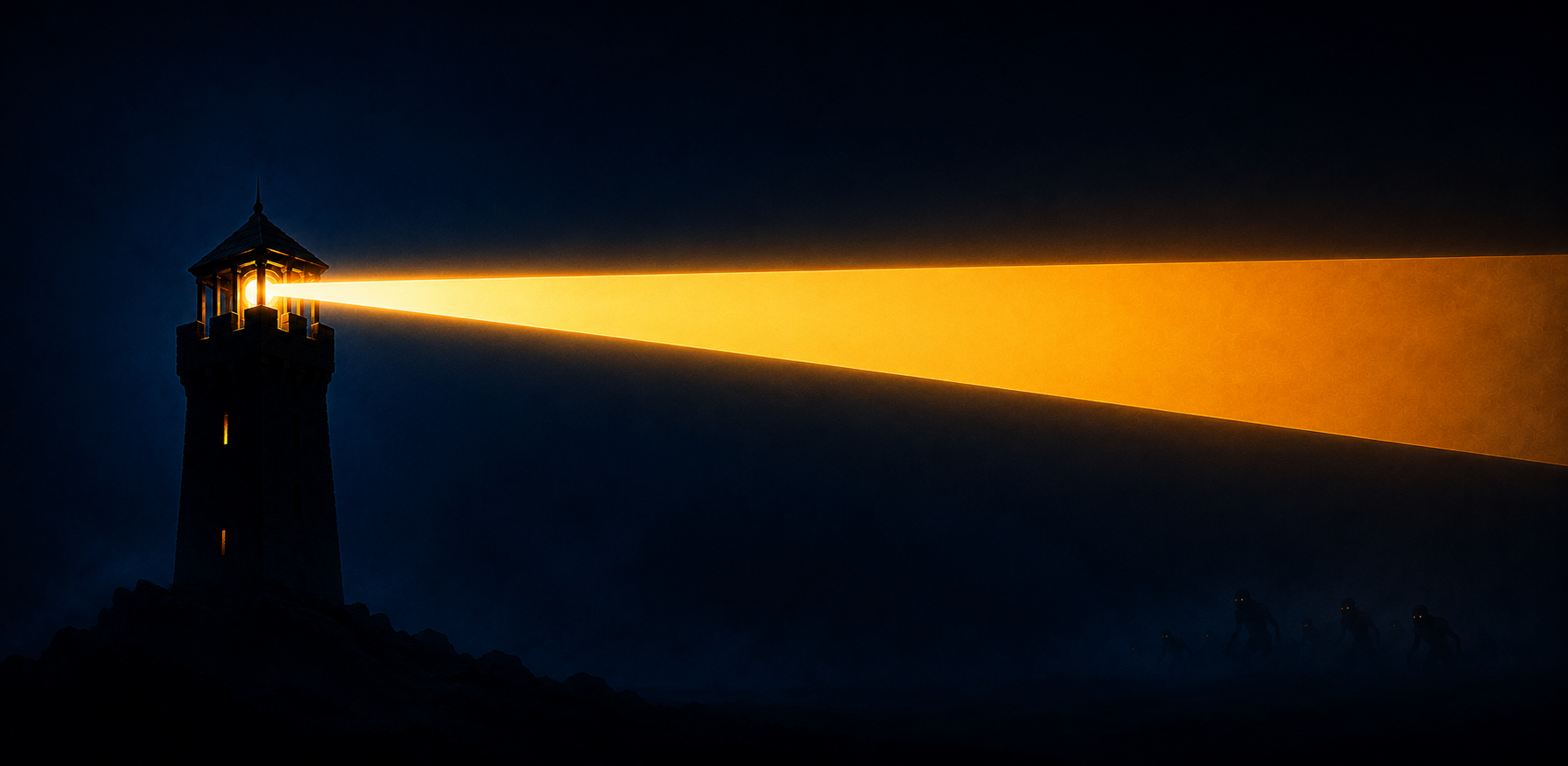 Guardpost key art — a lone watchtower casting a beam of light into the night